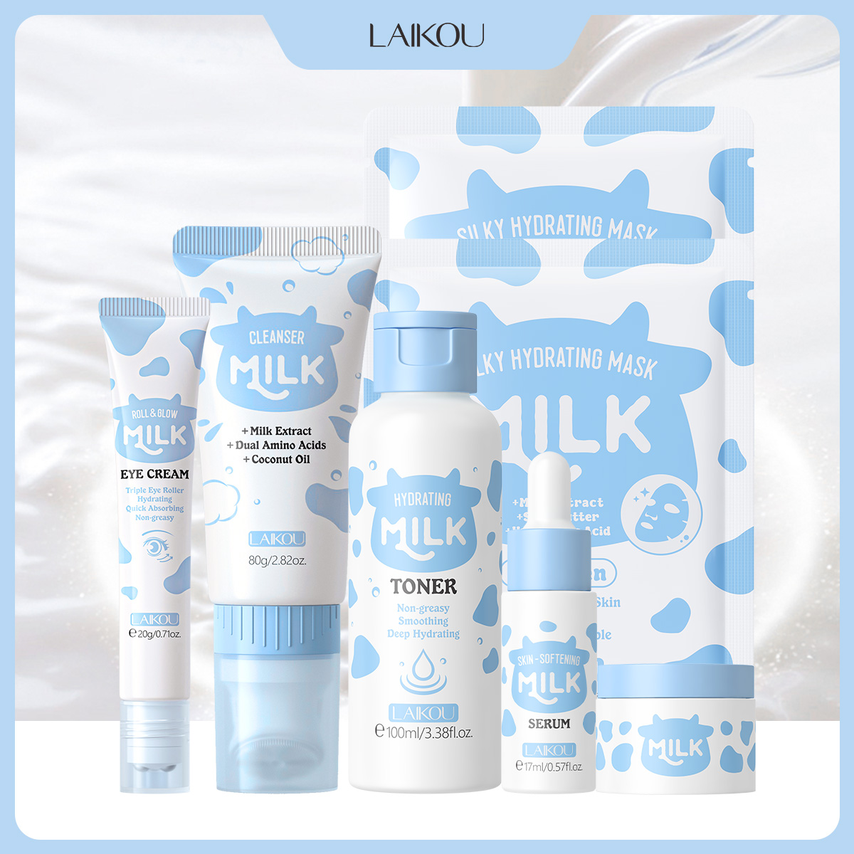 Skincare Glow Glowing - LAIKOU 6-teiliges Milch-Hydrating Hautpflege-Set: Reiniger, Toner,